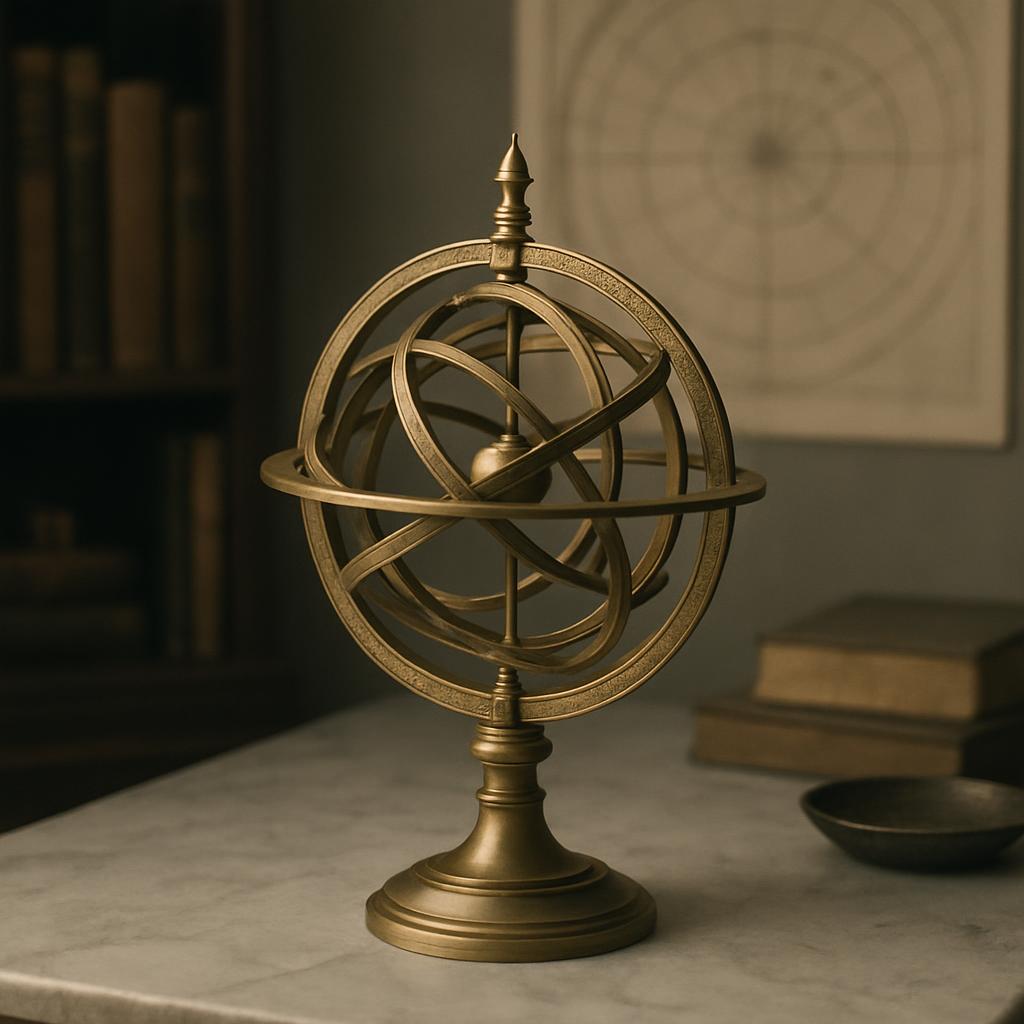 Dessin d'astrolabe ancien en marbre sur le premier plan, se trouvant dans la bibliothèque d'un historien des sciences.