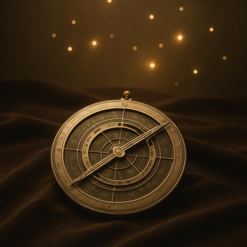 Une ancienne boite à astrarium d'or brillant dans le noir.