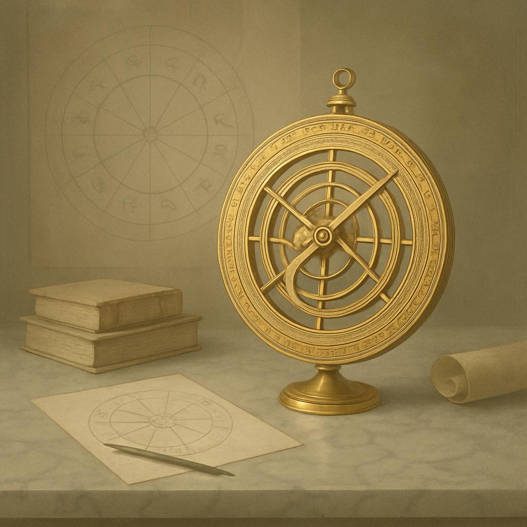 Astronomical tool, books on a table, blueprint in the background. Learning object in front of an antique background. Resea...