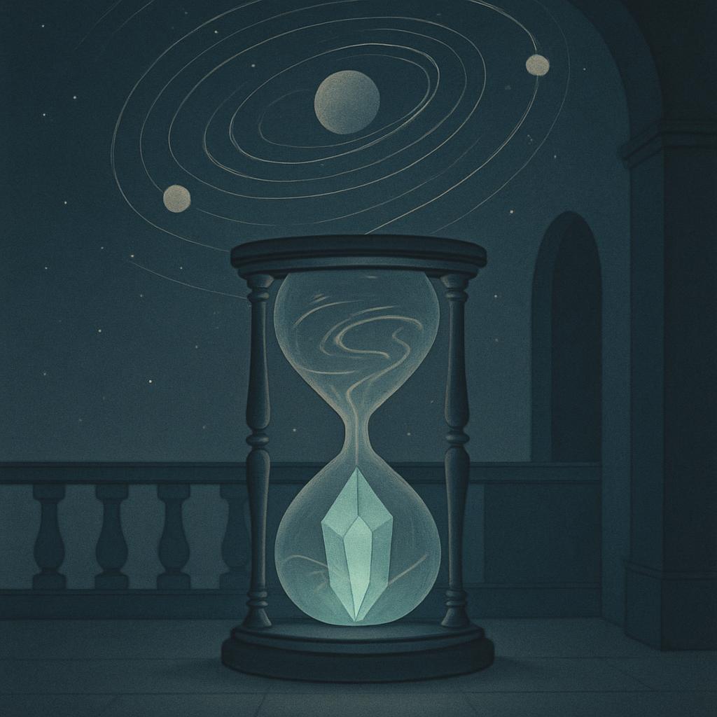 L'illustration montre un verre d'heures géant dans une pièce centrale avec des galeries sur les côtés, représentant le des...