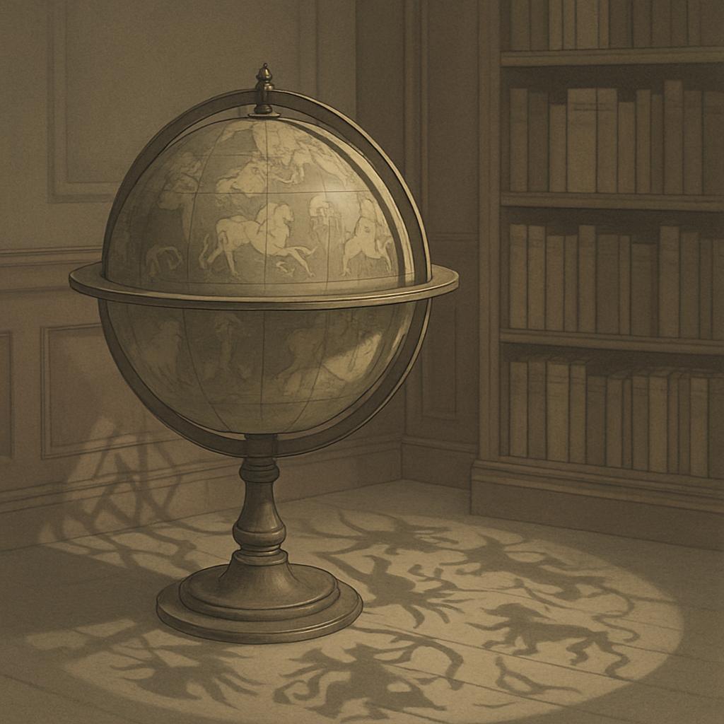 L'objet au centre de l'image est un globe terrestre, et la brise du soleil éclaire le sol.