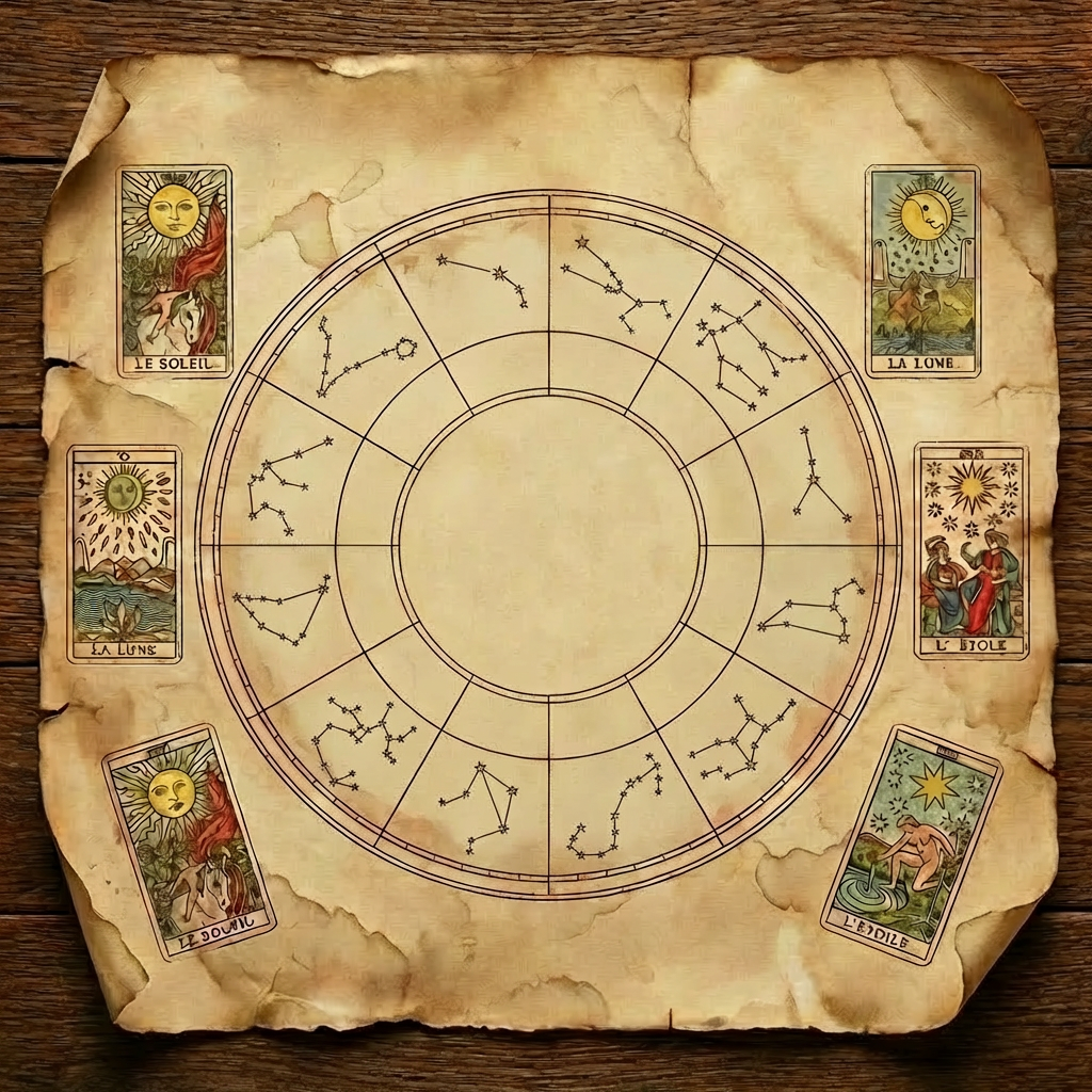Vintage parchment with 'Carte Du Ciel Astrologique' text, an astrological wheel, and tarot cards.