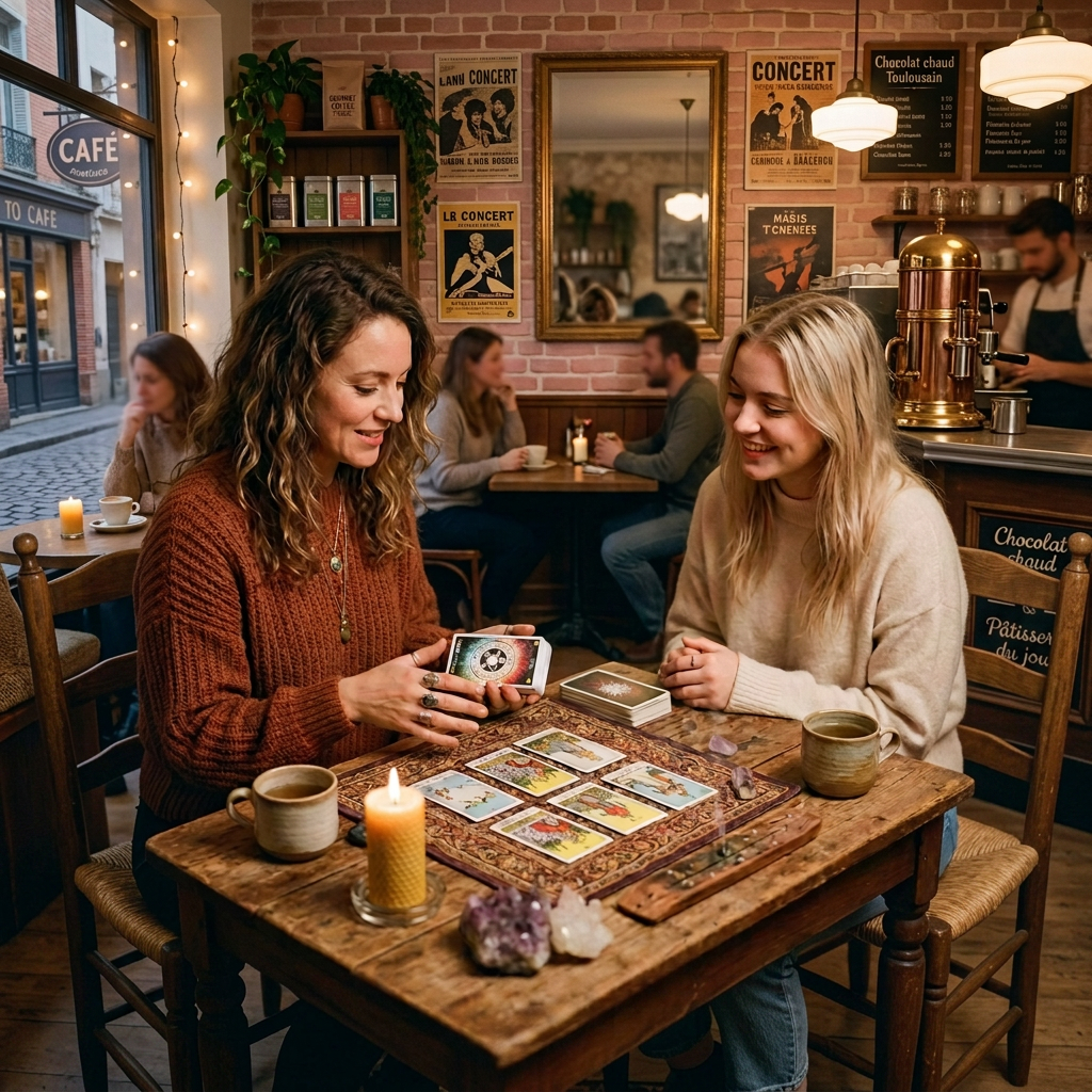 Two women reading tarot cards at a candlelit coffee table