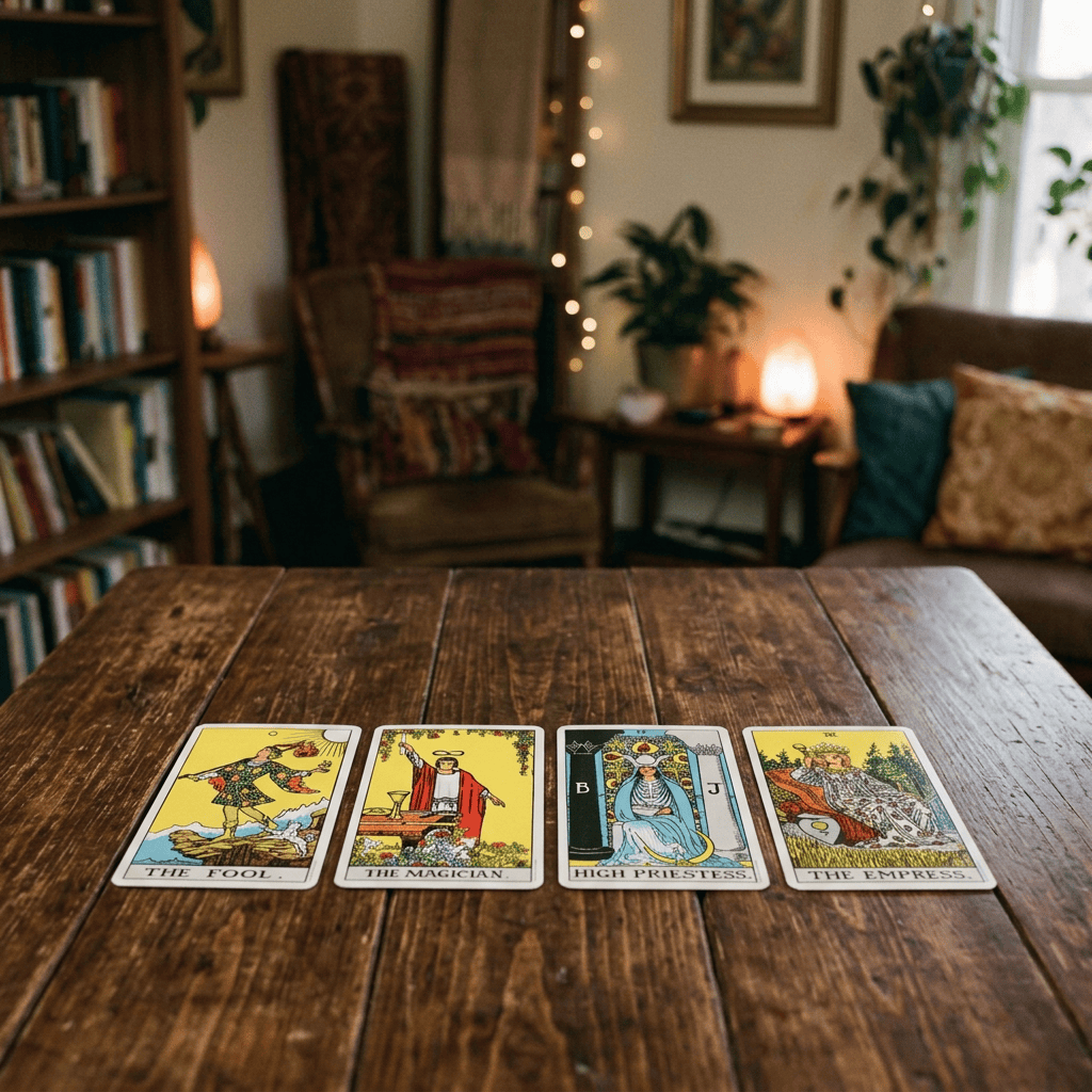 Two women conducting a tarot reading with cards on a table
