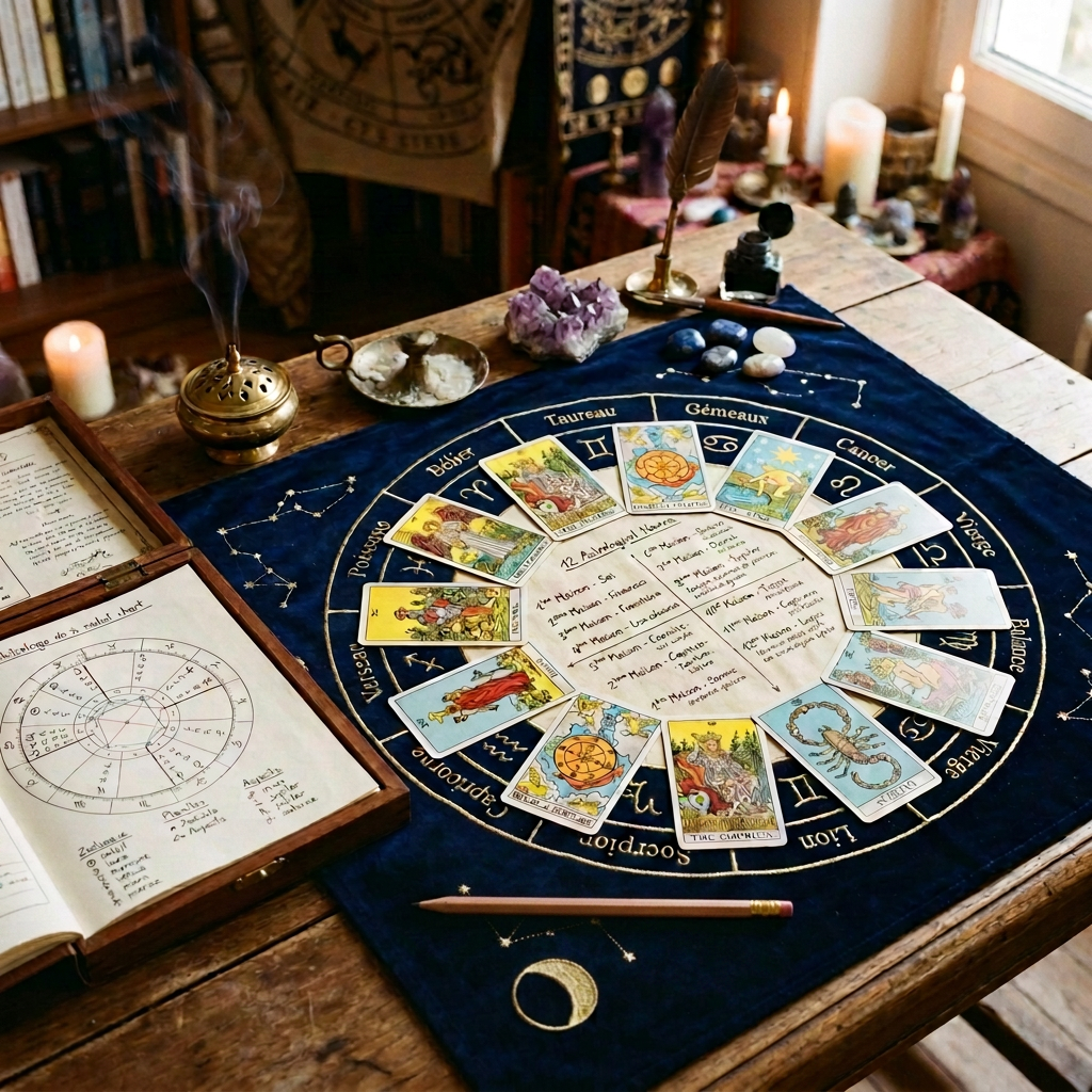 Tarot cards arranged on a zodiac cloth beside candles and crystals