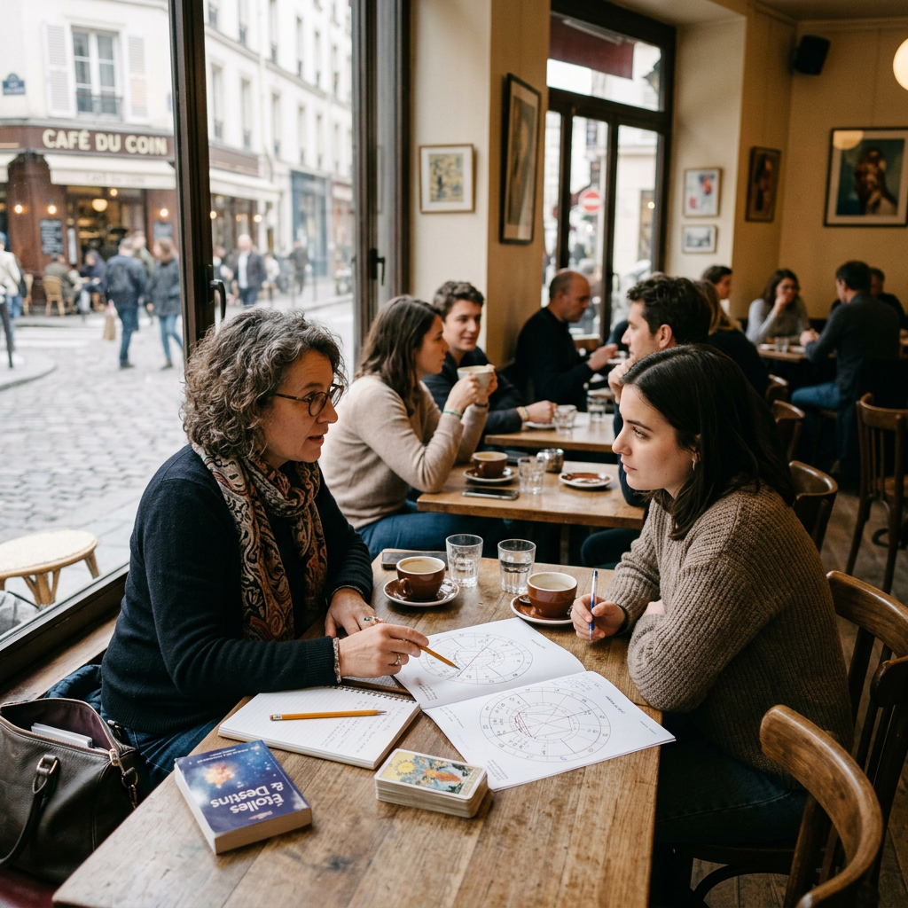 Two women studying astrology charts in a café beside a sign reading CAFE DU COIN