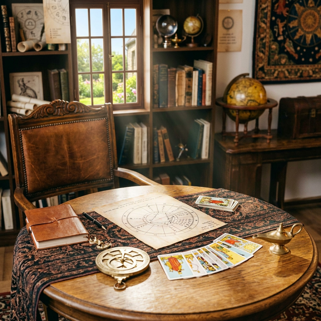Two women studying an astrology chart with tarot cards on a table