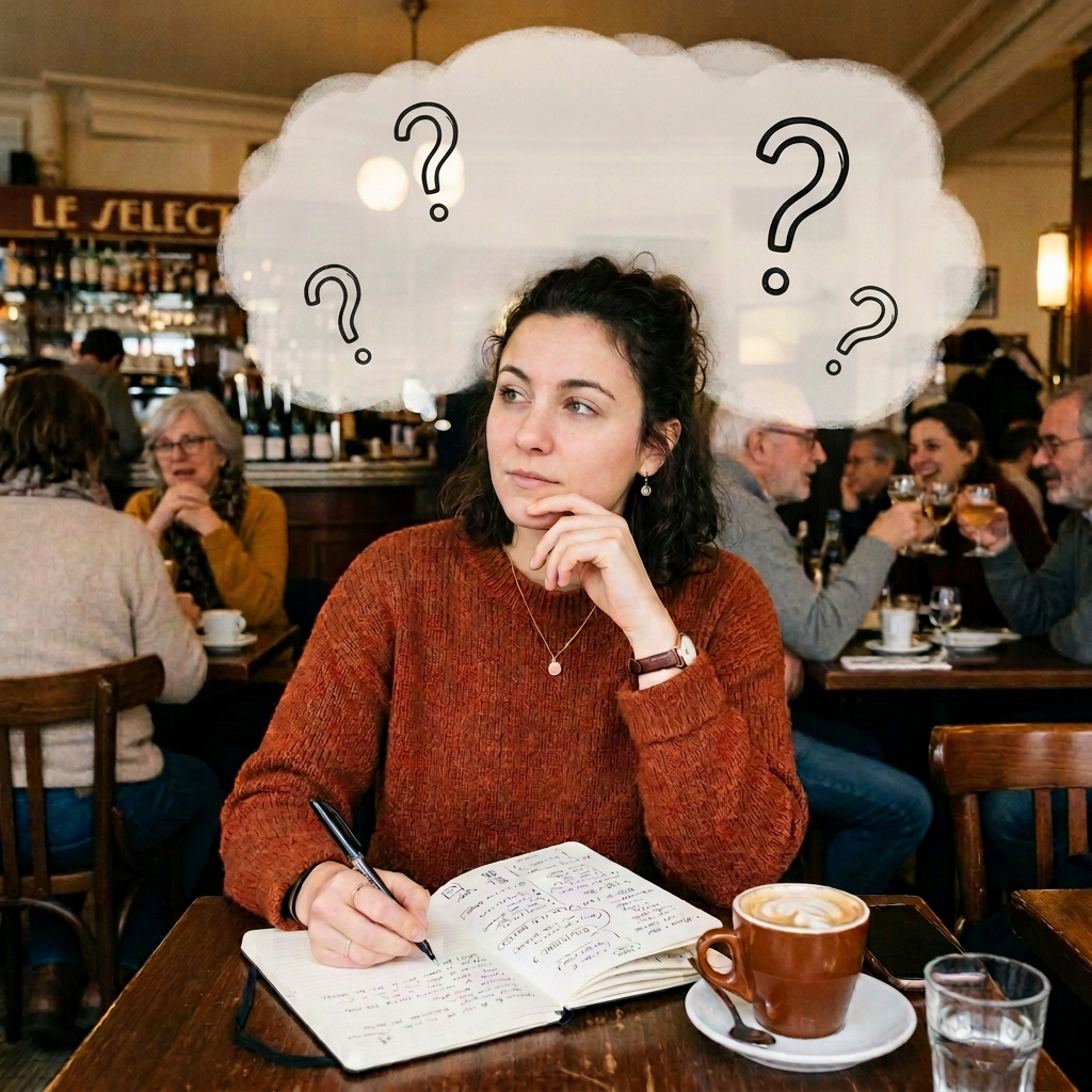 Femme écrivant dans un café avec des questions en français sur ses rêves, projets et choix.