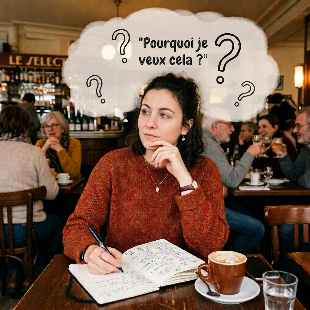 Femme écrivant dans un café avec des questions en français sur ses rêves, projets et choix.