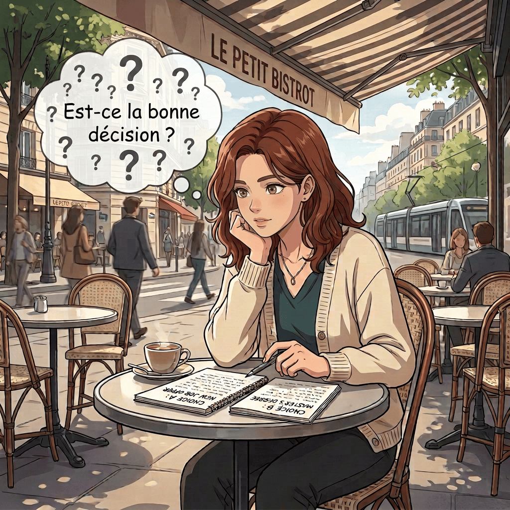 Woman journaling over coffee at Le Petit Bistrot in Paris