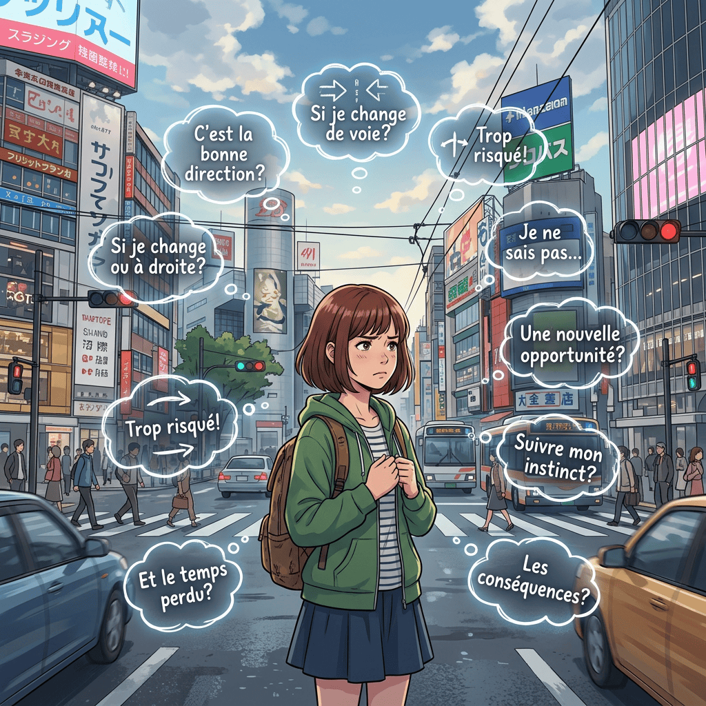 Young woman at city crossing surrounded by French thoughts: «C’est la bonne direction?», «Si je change ou à droite?», «Trop risqué!», «Si je change de voie?», «Je ne sais pas…», «Une nouvelle opportunité?», «Suivre mon instinct?», «Les conséquences?», «Et le temps perdu?»