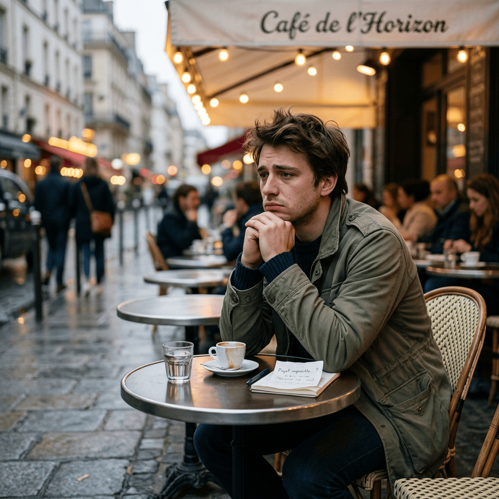 Un homme assis à la terrasse d'un café en train de penser que son rêve est irréalisable