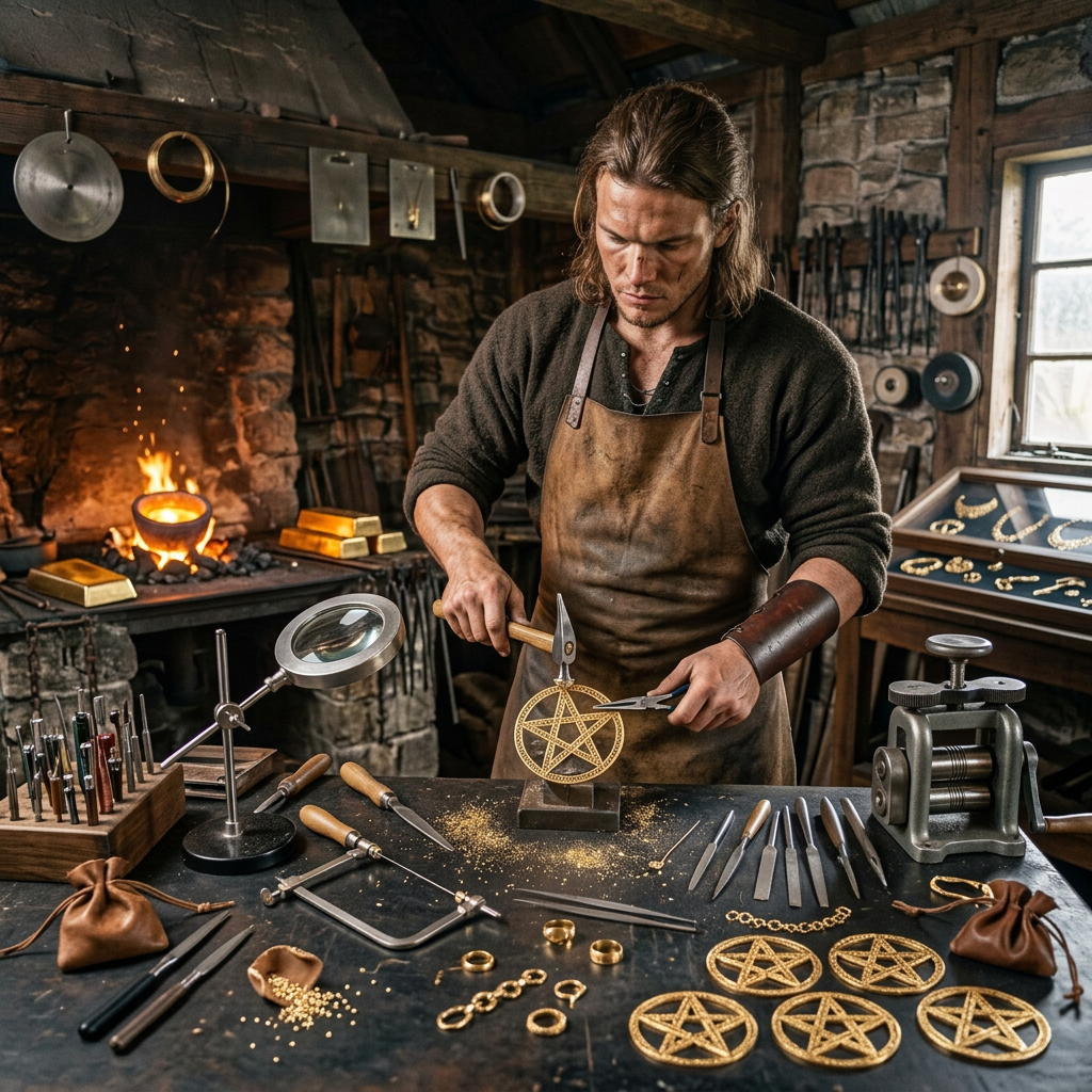 Un homme, habillé d'un tablier en cuir, travaille dans un atelier de production d'objets en métal. Il est en train de façonner un symbole pentagramme avec des outils de bijouterie sur une table en bois. On voit en arrière-plan un feu de forge et des outils variés disposés sur la table.